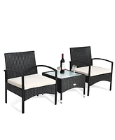 Gymax 3 Pcs Patio Wicker Rattan Furniture Set Coffee Table & 2 Rattan Chair W/Cushion