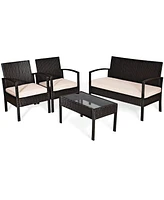 Gymax 4PCS Patio Rattan Set Cushioned Sectional Sofa Glass Table