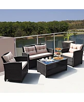 Gymax 4pcs Outdoor Rattan Furniture Set Cushioned Sofa w/Armrest Home