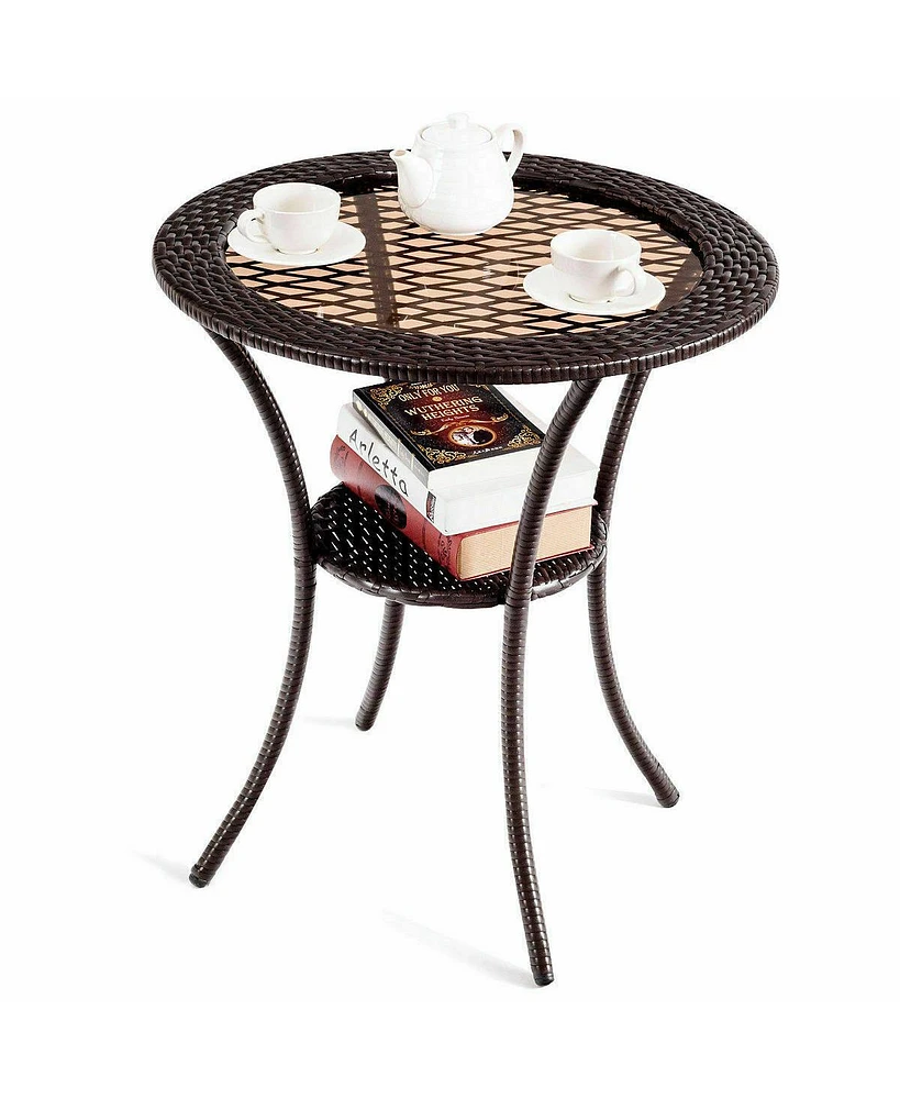 Gymax Round Rattan Wicker Coffee Table Glass Top Steel Frame Patio Furni W/Lower Shelf