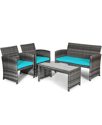 Gymax 4PCS Patio Outdoor Rattan Conversation Furniture Set w/ Turquoise Cushion