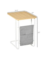 Homcom Industrial Side Table, C-Shaped Coffee Table with Storage Bag for Living Room, Bedroom, Office, White, Grey, Oak