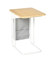 Homcom Industrial Side Table, C-Shaped Coffee Table with Storage Bag for Living Room, Bedroom, Office, White, Grey, Oak