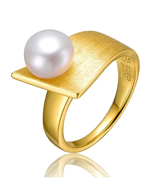 Genevive Chic Sterling Silver 14K Gold Plated with Genuine Freshwater Pearl Linear Ring