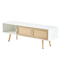 White Rattan Tv Cabinet with Sliding Doors & Adjustable Shelf