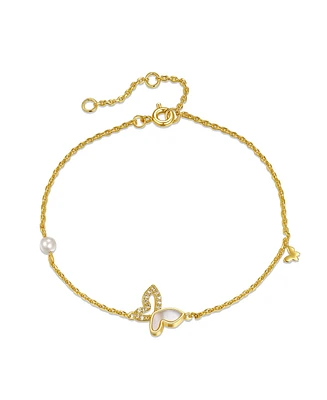 GiGiGirl 14k Yellow Gold Plated with Mother of Pearl and Cubic Zirconia Butterfly Charm Rope Bracelet with Adjustable Extension Chain