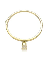 Rachel Glauber 14k Yellow Gold Plated with Cubic Zirconia Padlock Charm Stacking Bangle Bracelet