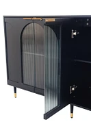 Black Lacquered Wooden Accent Cabinet with Glass Doors, 4-Door Storage Buffet
