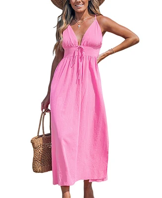 Cupshe Women's Pink Linen Plunging Sleeveless Maxi Beach Dress