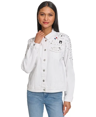 Karl Lagerfeld Paris Women's Signature-Pin Embellished Denim Jacket