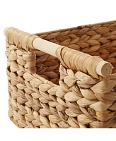 Casafield (Set of 3) Water Hyacinth Rectangular Storage Baskets with Wooden Handles - Small, Medium, Large Woven Nesting Baskets - Natural