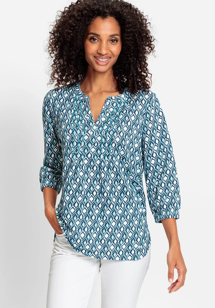 Olsen Women's 100% Organic Cotton 3/4 Sleeve Ikat Print Tunic Tee