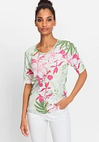 Olsen Women's 100% Cotton Short Sleeve Tropic Print T-Shirt