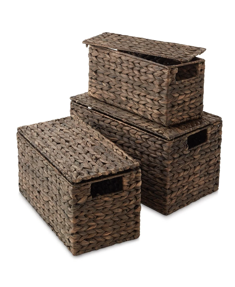 Casafield Set of 3 Water Hyacinth Storage Baskets with Lids, Natural - Small, Medium, Large