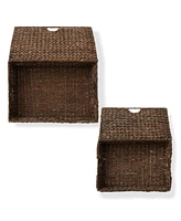 Casafield Set of 3 Water Hyacinth Storage Baskets (Small/Medium/Large), Multipurpose Organizer Rectangular Totes with Removable Lids - Espresso