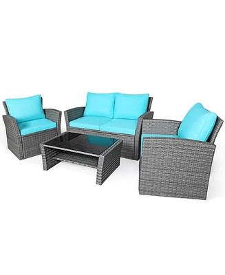 Gymax 4PCS Patio Rattan Conversation Set Outdoor Furniture Set w/ Turquoise Cushions