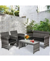 Gymax 8PCS Patio Outdoor Rattan Conversation Furniture Set w/ Black Cushion
