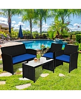 Gymax 4PCS Rattan Outdoor Conversation Set Patio Furniture Set w/ Navy Cushions