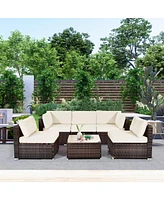 Gymax 6PCS Rattan Outdoor Sectional Sofa Set Patio Furniture Set w/ White Cushions