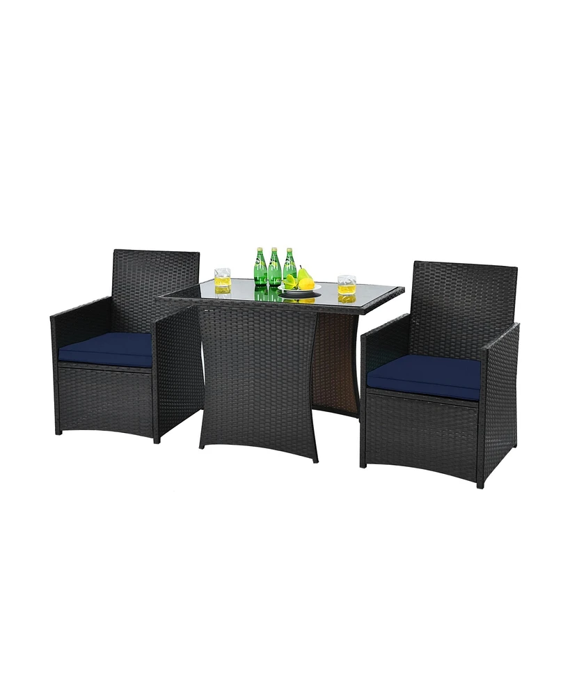 Gymax 3PCS Patio Wicker Bistro Set Pe Rattan Dining Table Set w/ Navy Cushions