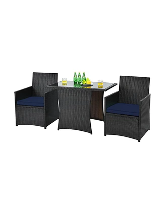 Gymax 3PCS Patio Wicker Bistro Set Pe Rattan Dining Table Set w/ Navy Cushions