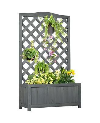 Outsunny 46" Wooden Raised Garden Bed with Trellis for Vegetables Gray