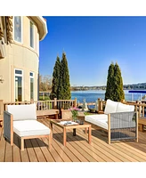 Sugift 3 Pieces Patio Acacia Wood Sofa Conversation Sets with Nylon Rope Armrest