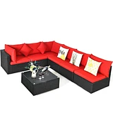 Sugift 7 Pieces Sectional Wicker Furniture Sofa Set Conversation Sets with Tempered Glass Top