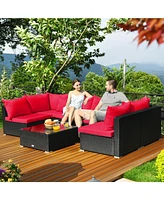 Sugift 7 Pieces Sectional Wicker Furniture Sofa Set Conversation Sets with Tempered Glass Top