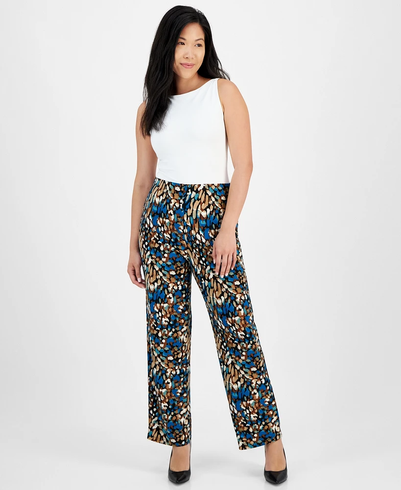 Ak Anne Klein Petite Printed Pull-On Wide-Leg Pants