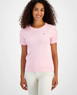 Nautica Jeans Women's Crewneck Lace-Up-Sleeve Cotton T-Shirt