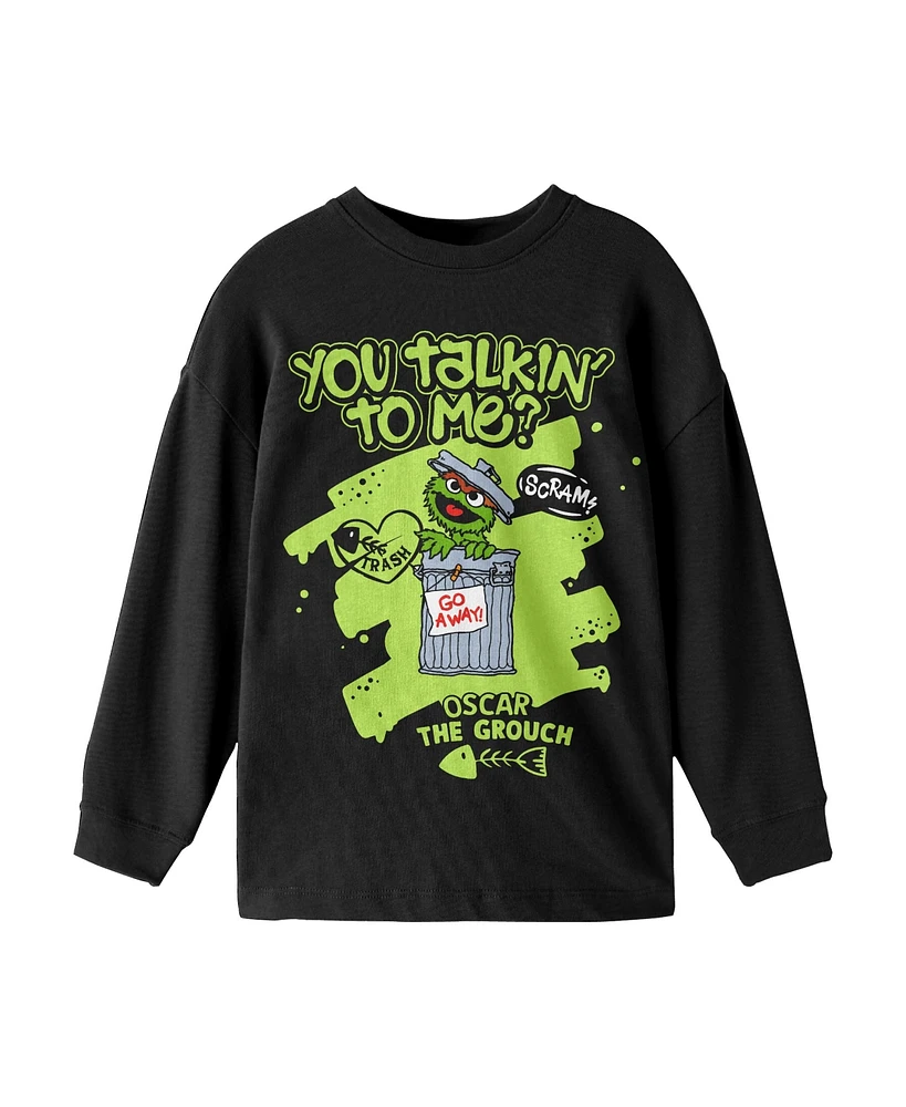 Sesame Street Boys Oscar The Grouch You Talkin' To Me Crew Neck Long Sleeve Black Youth Tee