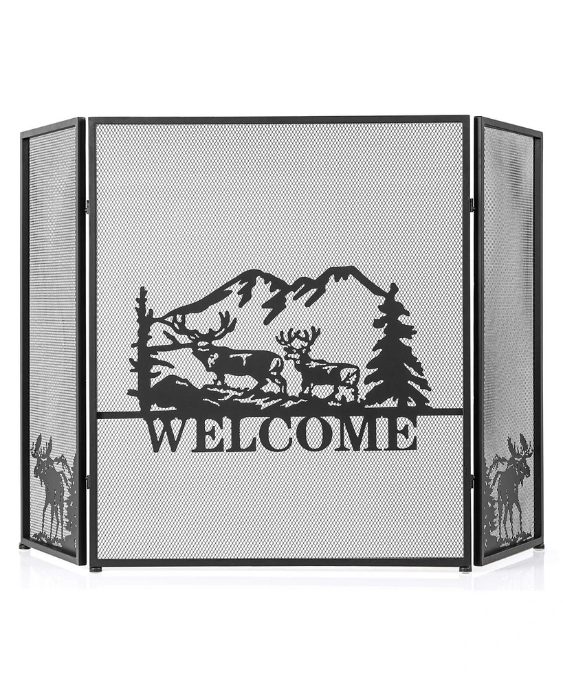 Costway 52 x 31 In Fireplace Screen 3-Panel Spark Guard with Natural Scenery, Moose Pattern