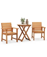 Costway 3-pcs Outdoor Wood Bistro Set with 2 Hardwood Chairs & Folding Bistro Table Patio