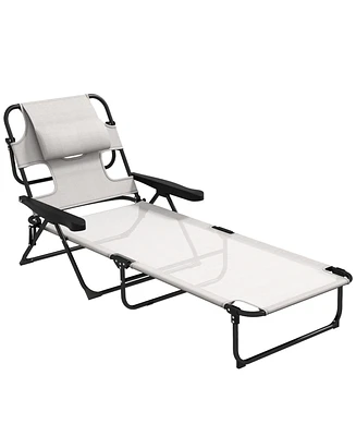 Outsunny Folding Lounge Chair w/ Reclining Back, Tanning Chair, White