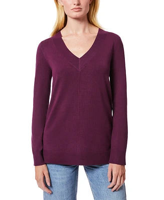 Melissa Paige Women's Ribbed Seamed Long-Sleeve High-Low-Hem V-Neck Sweater