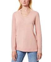 Melissa Paige Women's Ribbed Seamed Long-Sleeve High-Low-Hem V-Neck Sweater