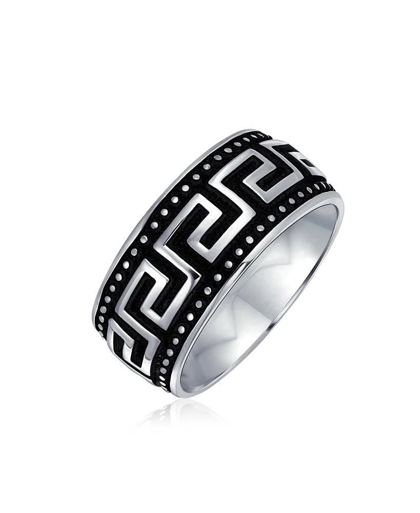 Bling Jewelry Couples Geometric Greek Key Textured Band Ring Black Silver Two Tone Sterling Silver 9MM Wide