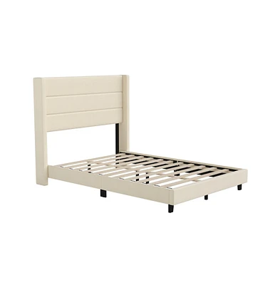 Merrick Lane Percy Modern Platform Bed With Padded Channel Stitched Upholstered Wingback Headboard And Underbed Clearance