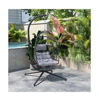 Merrick Lane Riley Foldable Woven Hanging Egg Chair With Removable Cushion And Stand For Indoor Outdoor Use