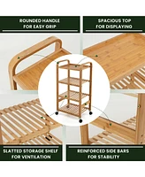 Sugift Bamboo Utility Cart with Storage Shelf and Lockable Casters-4-Tier