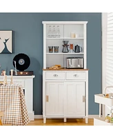 Freestanding Kitchen Pantry with Hutch Sliding Door and Drawer-White