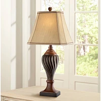 Regency Hill Traditional Style Table Lamp 28.5" Tall Carved Two Tone Brown Urn Shaped Ball Beige Fabric Rectangular Shade for Living Room Bedroom Hous