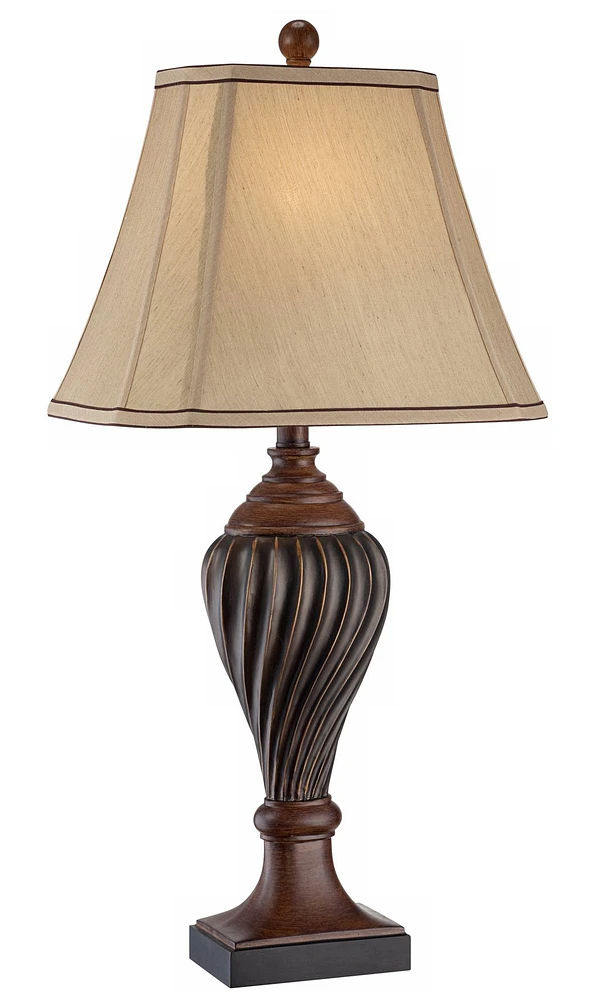 Regency Hill Traditional Style Table Lamp 28.5" Tall Carved Two Tone Brown Urn Shaped Ball Beige Fabric Rectangular Shade for Living Room Bedroom Hous