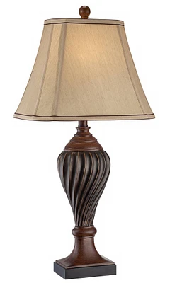 Regency Hill Traditional Style Table Lamp 28.5" Tall Carved Two Tone Brown Urn Shaped Ball Beige Fabric Rectangular Shade for Living Room Bedroom Hous