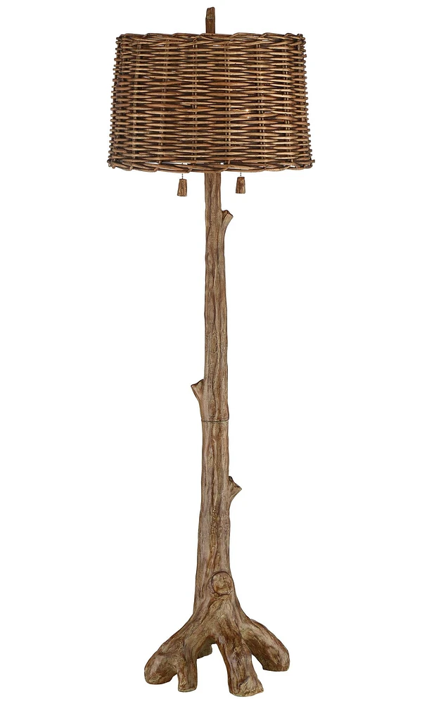 Barnes and Ivy Forrest Sequoia Rustic Country Cottage Floor Lamp Standing 61" Tall Natural Tree Trunk Faux Wood Column Brown Wicker Drum Shade Decor f