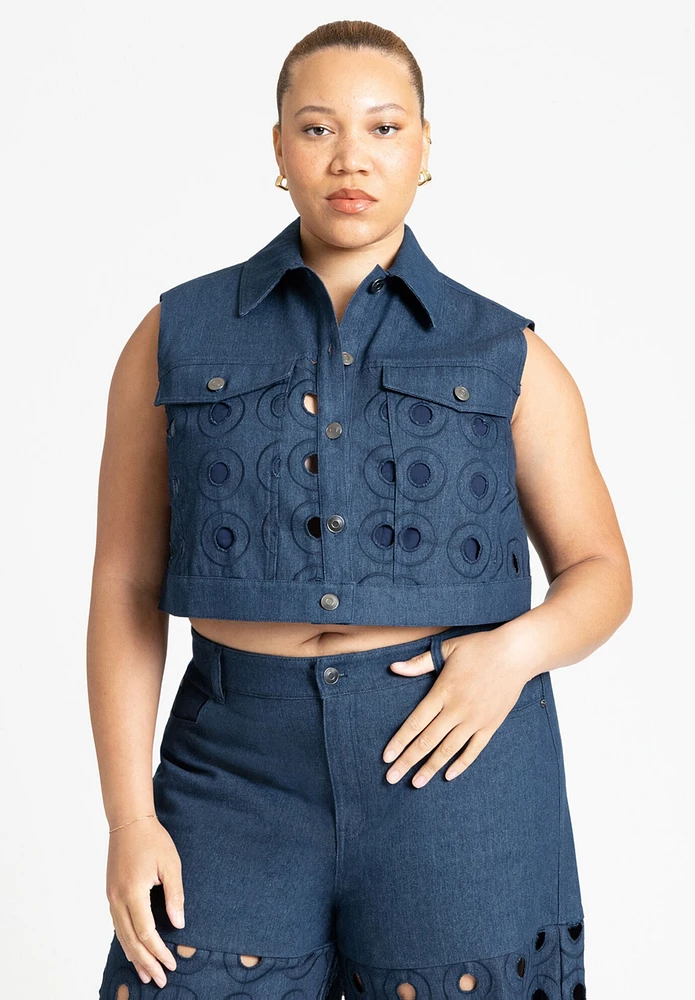 Eloquii Women's Circular Cutout Denim Vest