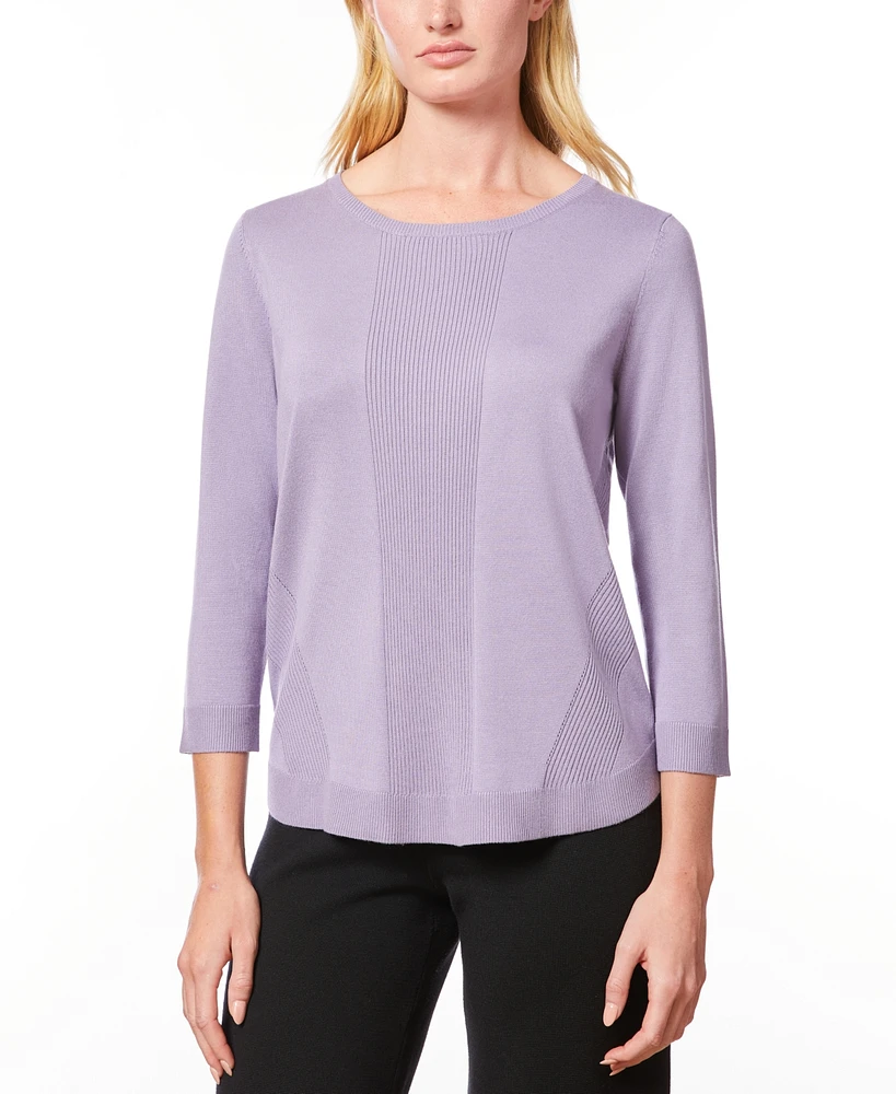 Melissa Paige Women's Petite Boat-Neck, Ribbed-Detail 3/4-Sleeve Sweater