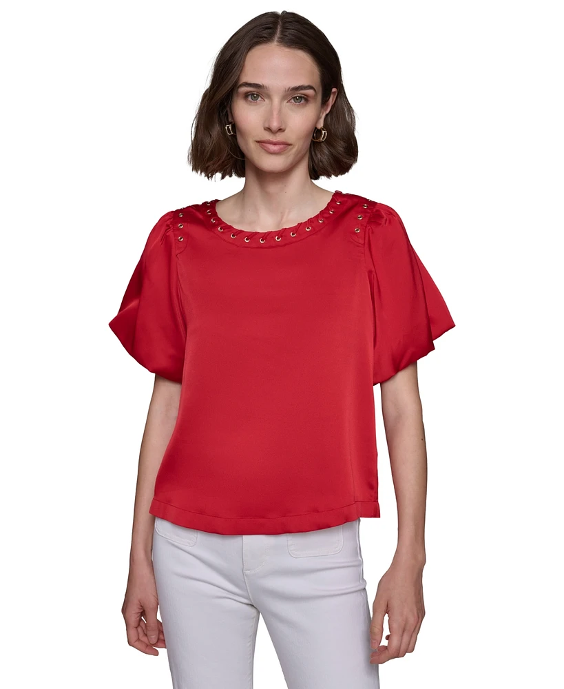 Karl Lagerfeld Paris Women's Grommet Puff-Sleeve Top