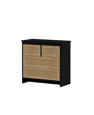 Simplie Fun 4 Drawers Rattan Cabinet, For Bedroom, Living Room, Dining Room, Hallways, Easy Assembly, Black